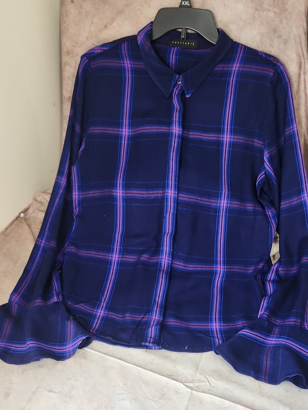 Sanctuary By Anthropology Navy & Purple Plaid Button-Down Shirt W/ Fluted Cuffs